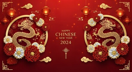 Happy Chinese New Year 2026. Happy New Year 2026 celebration. Happy New Year design with dragons and red background.