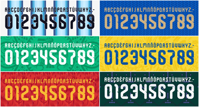 argentina font, italy font, colombia font, type design with rounded angles, cutout shapes and bold digits displayed over textured color panels, crafted for activewear graphics