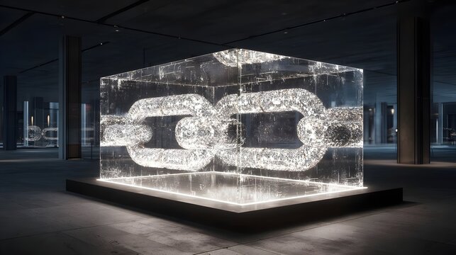 Photorealistic modern blockchain as a high-tech gold chain on black. Concept: Blockchain technology, data security, fintech, digital storage, cybersecurity, secure information storage