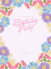 Colorful Valentine's Day, Holiday party greeting card, rsvp, save the date with floral candy cute wildflower meadow field background. Hand drawn doodle romantic template