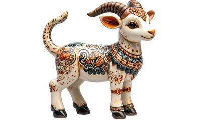 Cute ceramic Markhor figurine with intricate patterns, isolated on a transparent background