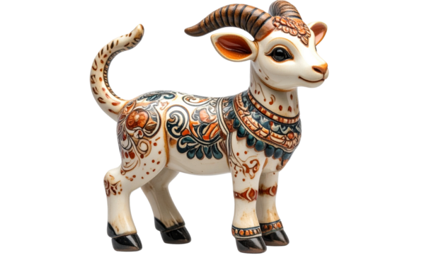 Cute ceramic Markhor figurine with intricate patterns, isolated on a transparent background