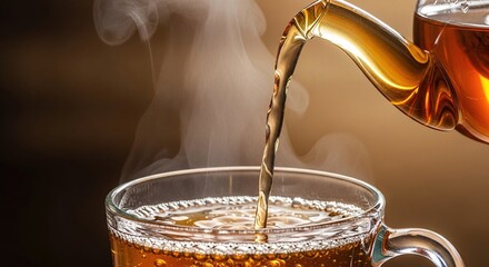 Pouring hot tea from a teapot into a clear glass cup.