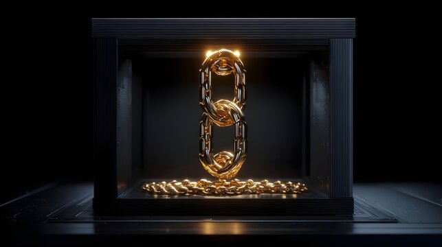 Photorealistic modern blockchain as a high-tech gold chain on black. Concept: Blockchain technology, data security, fintech, digital storage, cybersecurity, secure information storage