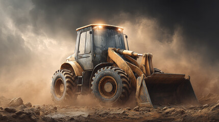 Heavy Duty Earth Mover: Industrial Backhoe Loader Working on Construction Site Under Dramatic Dusty Sky - Excavation and Development
