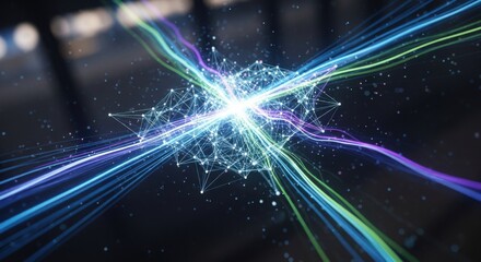 Abstract network node with glowing lines emanating outward representing connectivity and data flow in a digital world