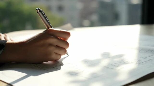 Hand writing on a draft with a pen, design and creativity concept