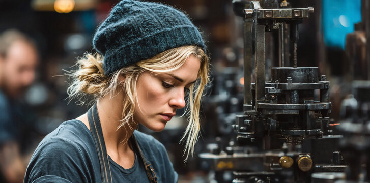 Focused craftswoman intently working on intricate machinery with dedication and skill in a workshop setting
