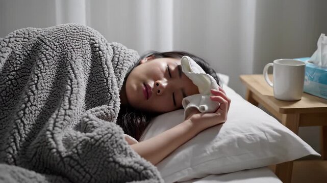 Young woman lying in bed with a cold compress on her forehead, feeling unwell and resting