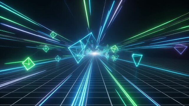 High-speed digital flight through an abstract cyberspace corridor with glowing blue and green neon lights and geometric figures