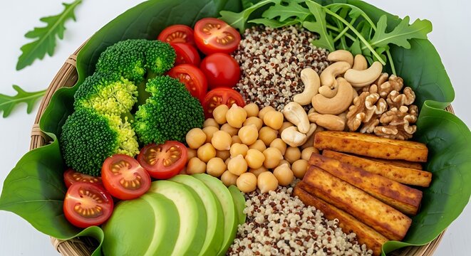 Nutritious vegan power bowl filled with fresh vegetables chickpeas quinoa tofu and healthy fats perfect for a wholesome and balanced meal promoting wellness and vitality with vibrant ingredients