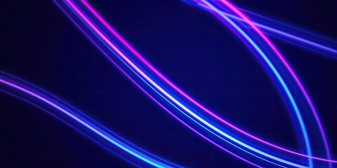 Vibrant neon light trails flow dynamically across a dark abstract background, creating modern energy and movement
