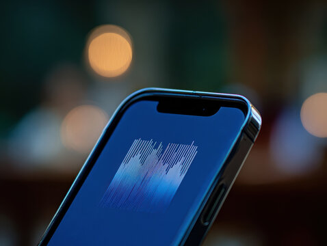 Abstract soundwave display on smartphone screen with soft bokeh lights
