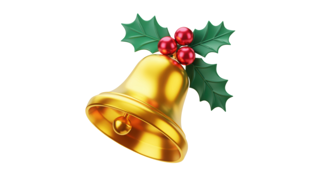 A shiny golden christmas bell adorned with bright red holly berries and green holly leaves isolated on transparent background