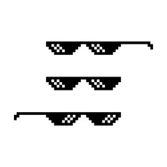 like boss. Pixel glasses in boss style. Black sunglass in 8 bit. Eyeglass meme in funny design. Isolated cool style of gangster, bad guy glasses. Mafia or rapper thug life. Gangster fashion.