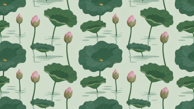 Seamless pattern of lotus flowers and leaves floating on a serene pond water