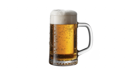 Tall glass mug filled with golden beer and frothy white foam isolated on a transparent background