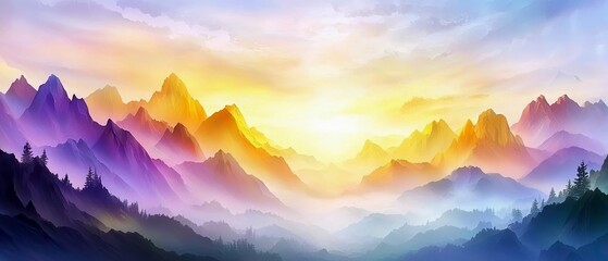 A breathtaking panoramic view of a mountain range bathed in the warm, golden light of sunrise. Layers of misty valleys and peaks are illuminated with vibrant pu