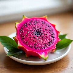 Sliced Red Dragon Fruit on Plate with Green Leaves