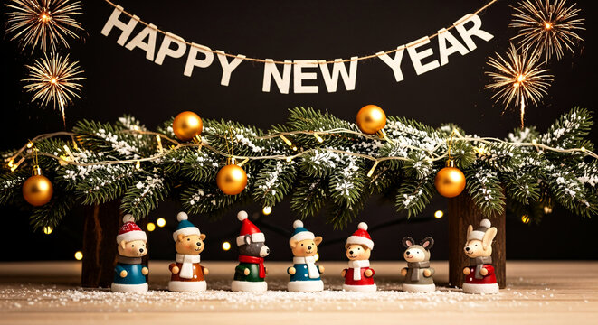 Happy New Year Celebration with Festive Animal Figurines and Decorations