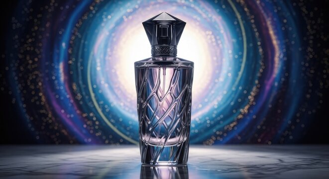 Elegant perfume bottle with a cosmic galaxy background for luxury fragrance ads