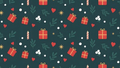 Seamless Christmas Pattern with Gifts, Mistletoe, Hearts, and Festive Elements on Dark Teal Background