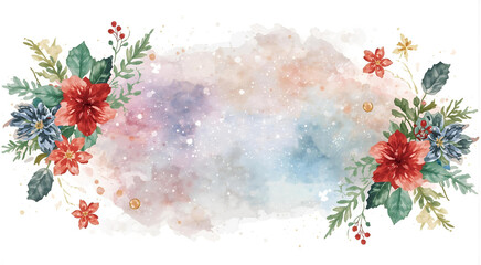Watercolor Christmas Banner with Light Pigment Foil and Floral Elements on White Background 