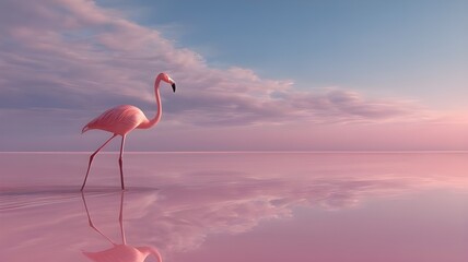 pink flamingo standing in calm water with reflection under pastel sky creating serene minimalist nature scene