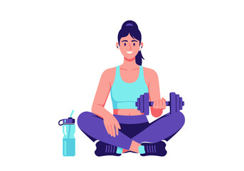 Young woman lifting weights and drinking water, healthy lifestyle concept illustration