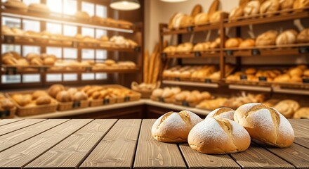 Freshly baked sourdough bread with a dusting of flour on a wooden table in a bakery setting with shelves full of bread and pastries providing a warm and inviting atmosphere