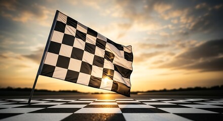 Checkered flag waving at sunset symbolizing victory and achievement in a dynamic race environment a symbol of success and competition capturing the essence of winning with a dramatic sky