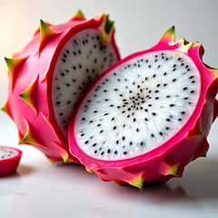 White-Fleshed Dragon Fruit Cut in Half on Neutral Background
