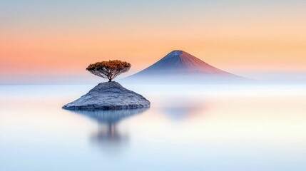 A single, windswept tree stands on a small rocky island in calm water, with the iconic silhouette of Mount Fuji shrouded in mist during a soft, colorful sunrise