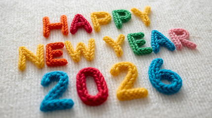3D Knitting Happy New Year 2026 Banner, Bright Colors, Knitted Thread on White Background