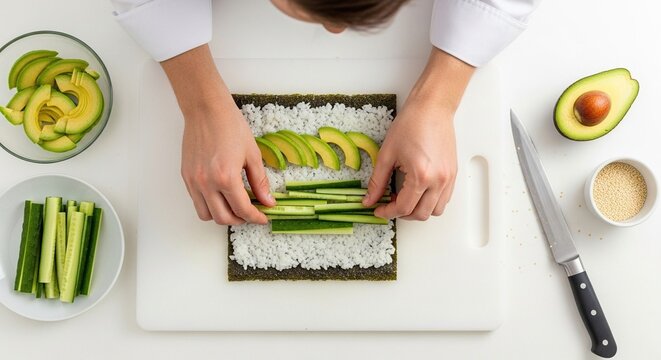 Top down view of a chef preparing fresh vegetarian sushi rolls with avocado and cucumber on a white cutting board.