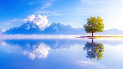 A solitary green tree stands on a small island beside a calm body of water, with snow-capped mountains and clouds reflected in the water under a clear blue sky.