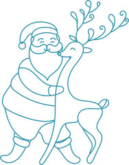 Santa and reindeer Christmas line art illustration. Cute Santa hugging a reindeer in minimal festive line art style. Perfect for holiday cards, winter designs, and Christmas decorations.