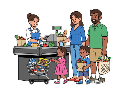 Family shopping for groceries at a checkout counter with a cashier