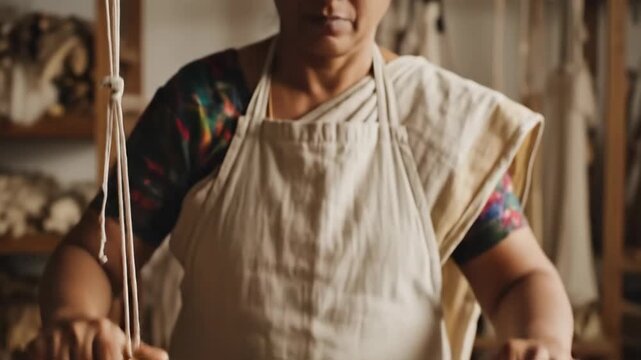 Woman weaving colorful threads on traditional wooden loom. Artisan hands operating shuttle and creating patterned textile. Dynamic macro view of indian textile craftsmanship process.