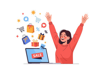 Online Shopping Success Woman Celebrates Sale with Gifts, Discounts, and a Laptop