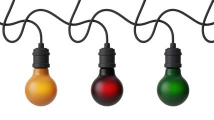 Three vintage style edison light bulbs in amber red and green hanging from a black cord isolated on transparent background