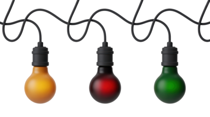 Three vintage style edison light bulbs in amber red and green hanging from a black cord isolated on transparent background