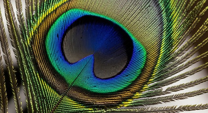 Close up of vibrant peacock feather showing intricate details and colors