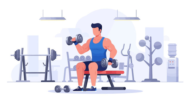 Determined Man Engaged in Strength Training with Dumbbells at a Modern Fitness Center, Showcasing a Healthy and Active Lifestyle, Vector Illustration