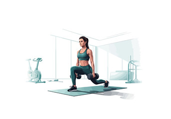 Determined young woman performing a challenging lunge exercise with dumbbells, focusing on strength training and physical fitness in a modern workout environment