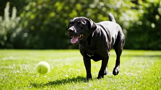 Excited black labrador running to catch tennis ball on sunny green lawn outdoors
