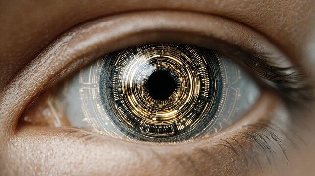 Focused macro view of futuristic bionic eye on robot cyborg. advanced technology shows concept of science fiction, artificial intelligence, and surveillance vision