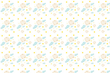 Cute seamless pattern with smiling moons, clouds, and stars on a white background. Perfect for baby, kids, or celestial-themed designs.