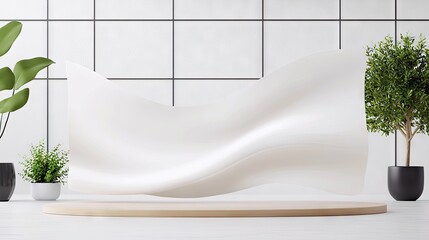 A clean, minimalist stage setup featuring a wooden podium, two potted plants, and a flowing white fabric against a tiled wall.