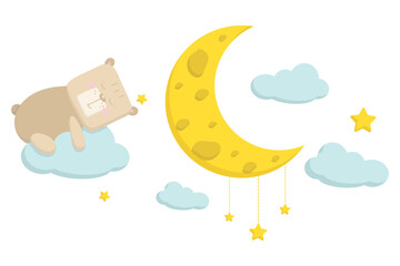 Cute cartoon bear sleeping on a cloud next to a smiling yellow crescent moon and stars. Perfect for baby, nursery, or bedtime themes.